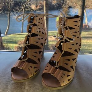 Blush lace up chunky heels